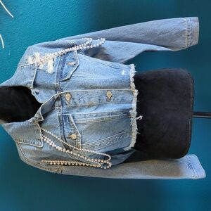 Forever 21 cropped Jean Jacket, pearls, embellishments, Large NEW